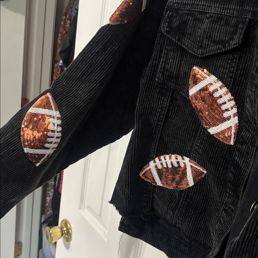 Black Corduroy Jacket with Sequin Football Appliqués - Picture 2 of 2